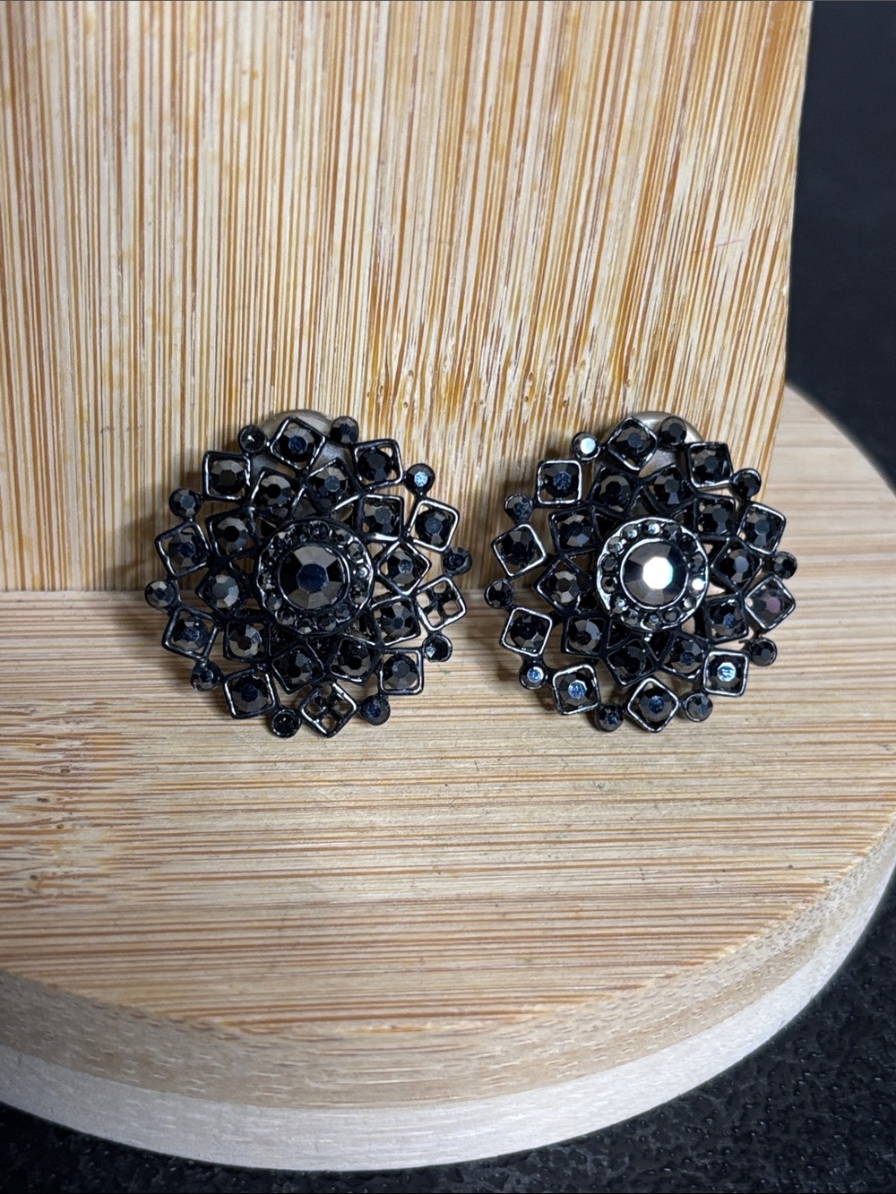 St. John Vintage Luxury Black Crystal Floral Clip On Earrings - Women Jewelry